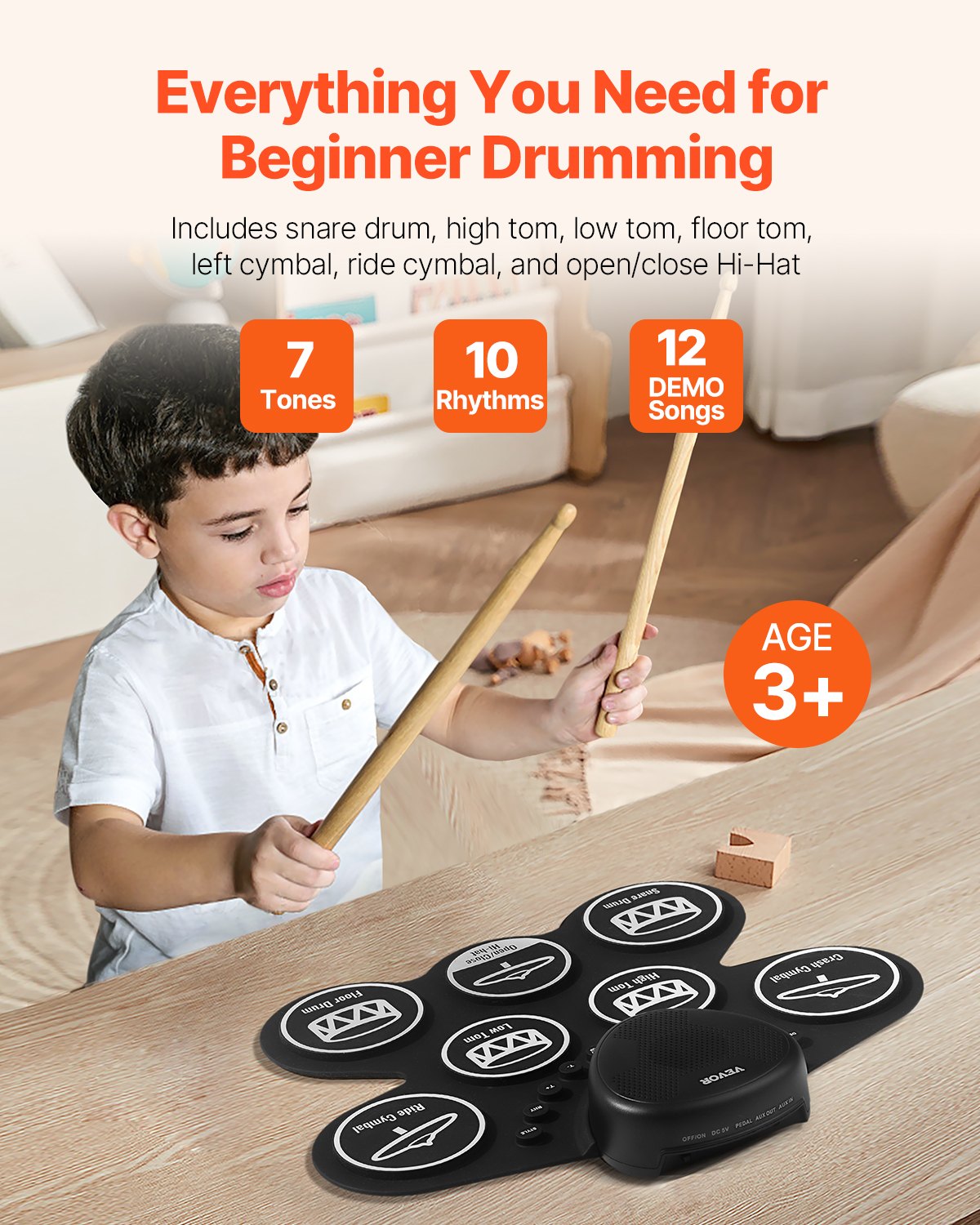 Electric Drum Set, 7 Pads, Roll-up Drum Practice Pad, Electronic Drumset With Headphone