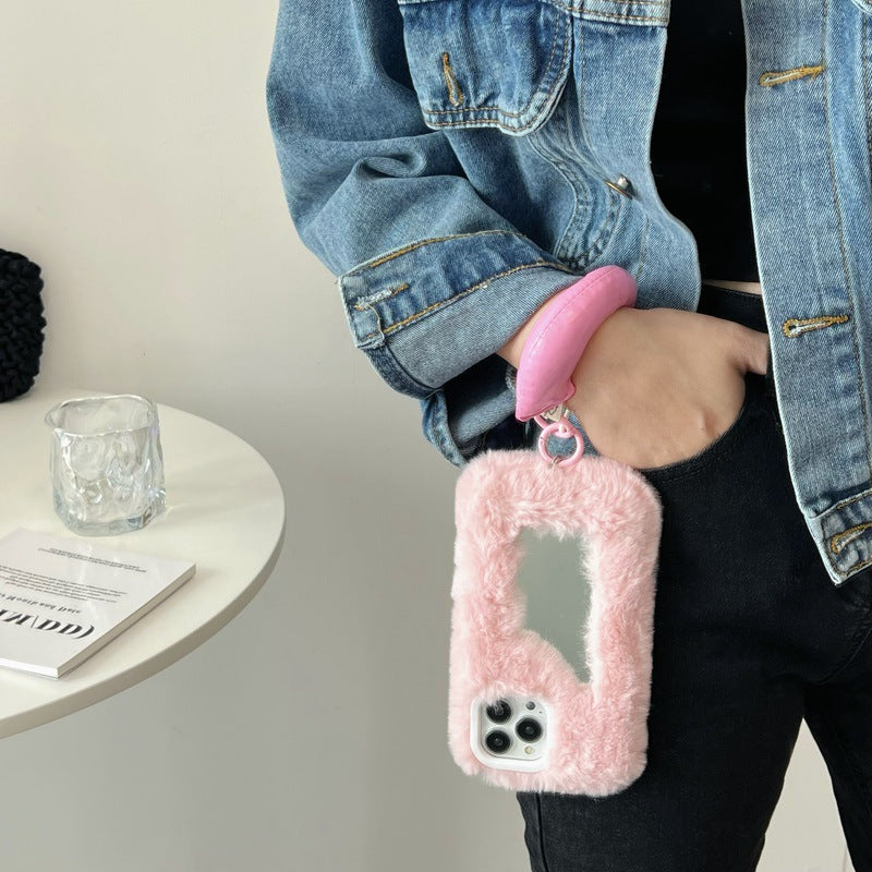 Fluffy Make-up Mirror Phone Shell - Zalixer