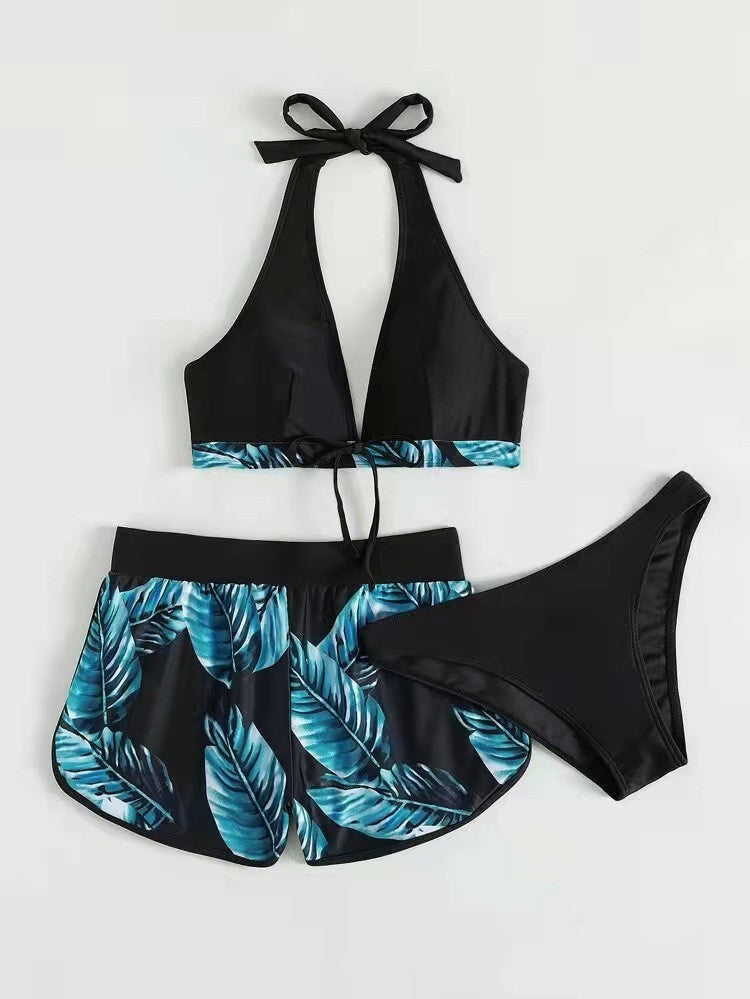 3pcs Leaf Print Bikini With Shorts Fashion Summer Beach Swimsuit Womens Clothing - Zalixer