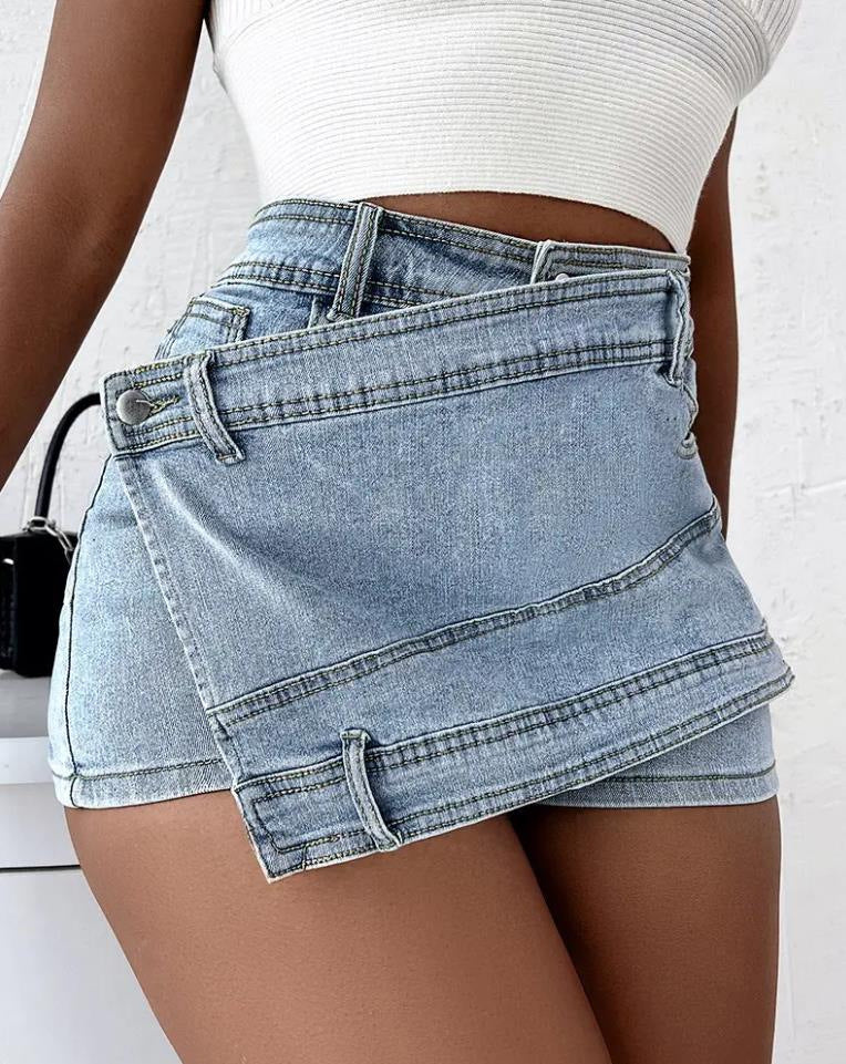 Y2K Street Vintage Denim Shorts Stretch Overlap Waist Wrap Solid Asymmetrical Hem A-Line Skinny Mini Skorts Skirt - Zalixer