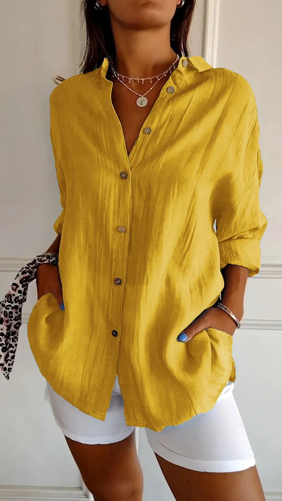 Lapel Long Sleeve Shirt Women's Single-breasted Pleated Shirt Tops Clothing - Zalixer