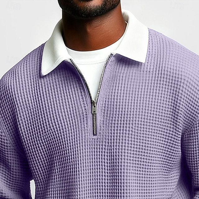 Men's Solid-Color Waffle-Weave Long-Sleeve Lapel Zip-Up Business Polo Shirt Spring Fall Zipper T-shirts Tops For Daily Wear
