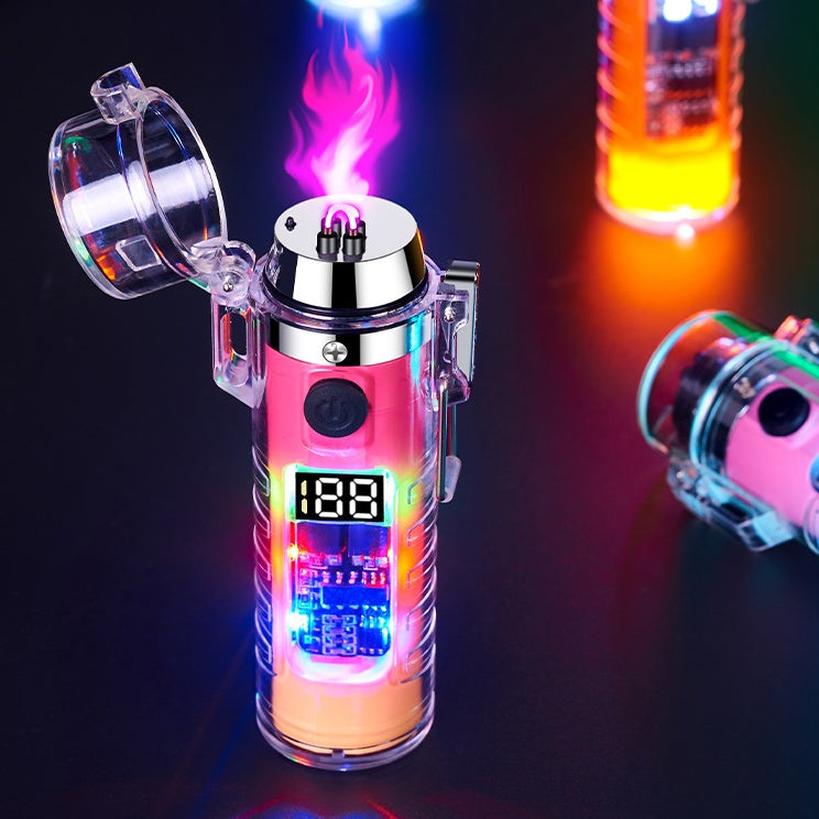 Transparent Shell Dual Arc USB Charging Lighter Outdoor Waterproof LED Colorful Light Power Display Illumination Light Gadget