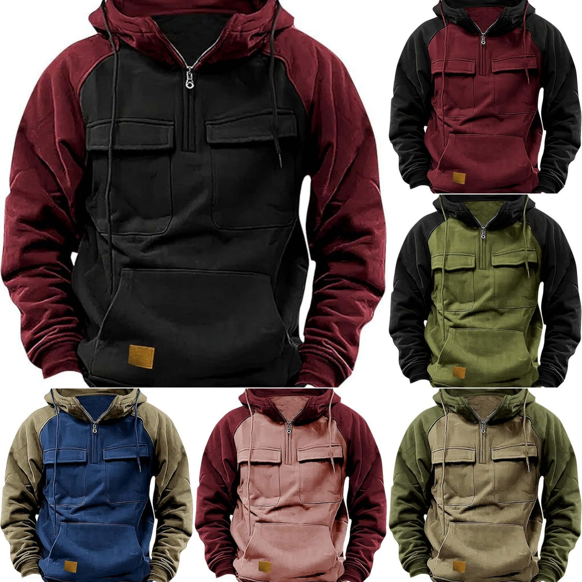 Fall Winter Retro Cargo Men's Half Zipper Multi Pockets Solid Warm Fleece Hoodie Sweatshirts - Zalixer