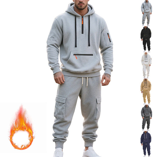 Men's Loose Sports And Leisure Suit Sweater Fleece-lined Hoodie Set Zipper Multi-Pocket Pullover Men's Sports Casual Top Two-piece Set - Zalixer