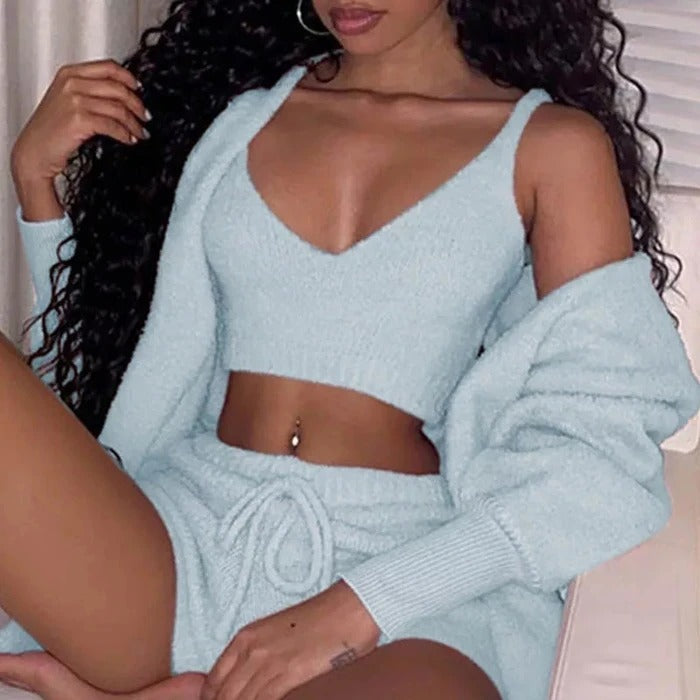 3pcs Womens Clothing Long Sleeve Crop Tank Top And Drawstring Shorts Pajama Set - Zalixer