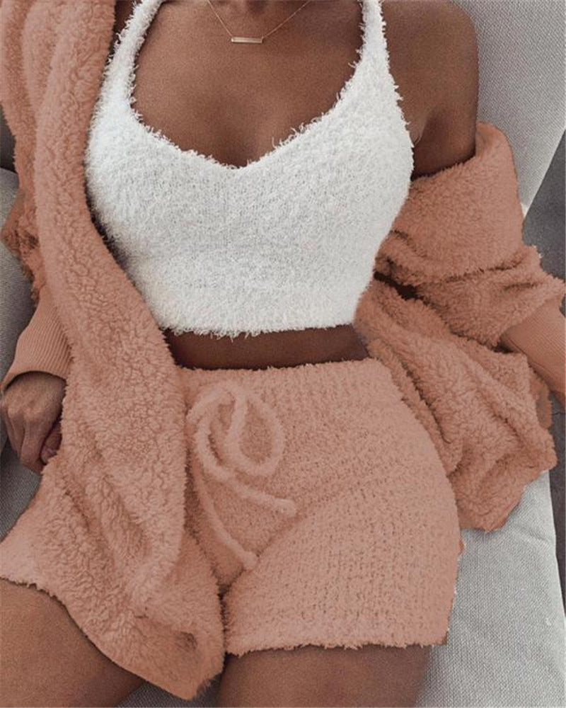 3pcs Womens Clothing Long Sleeve Crop Tank Top And Drawstring Shorts Pajama Set - Zalixer