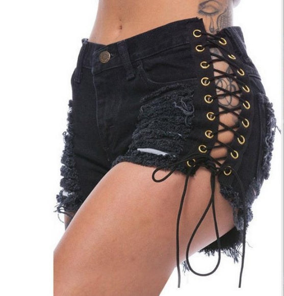 Graveyard Ripped Lace Up Shorts - Zalixer