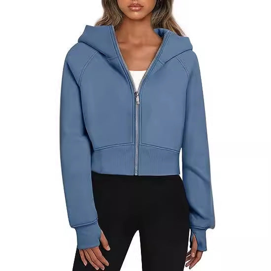 Casual Zippered Hooded Sweatshirt Fleece Sport Cardigan Fashion Hoodies Short Tops Womens Clothing - Zalixer