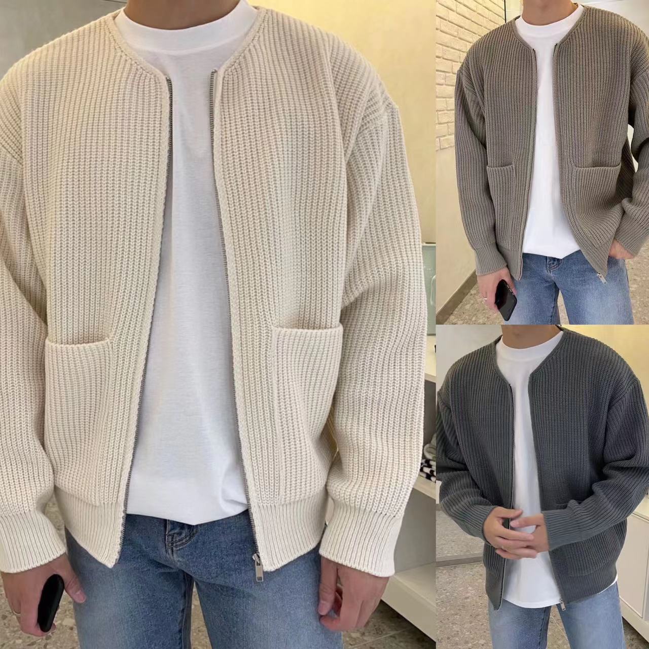 Men Zip Up Knitted Cardigan Lined Funnel Neck Jumper Sweater Pockets Coat All Seasons Comfortable Soft Long Sleeve - Zalixer