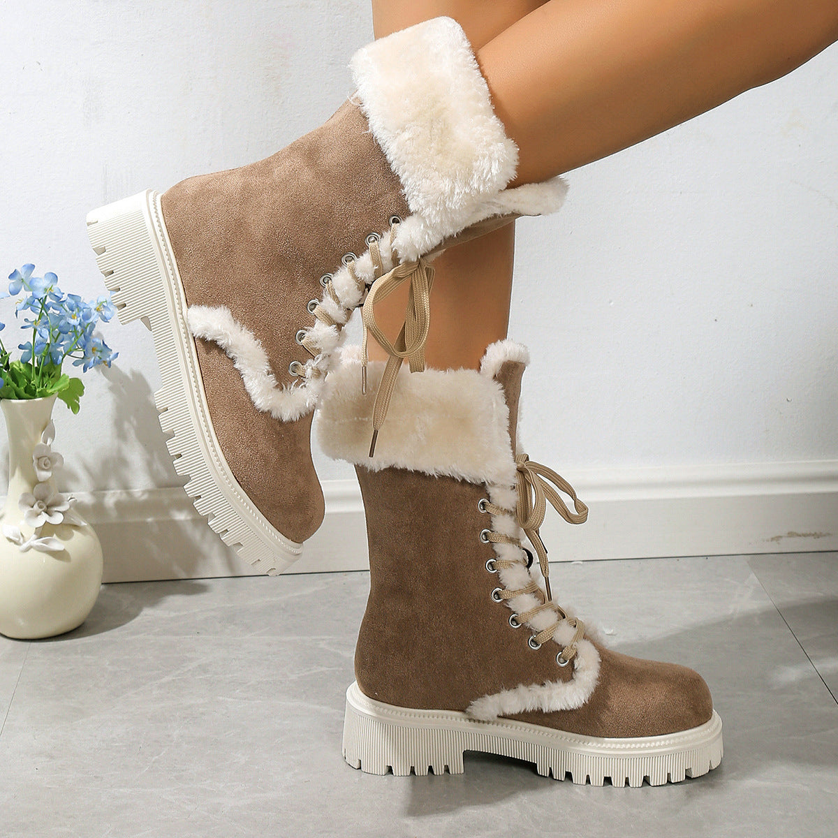 Winter Lace-up Snow Boots For Women Mid-tube Fleece Shoes Warm Chunky Heels Plush Boot - Zalixer