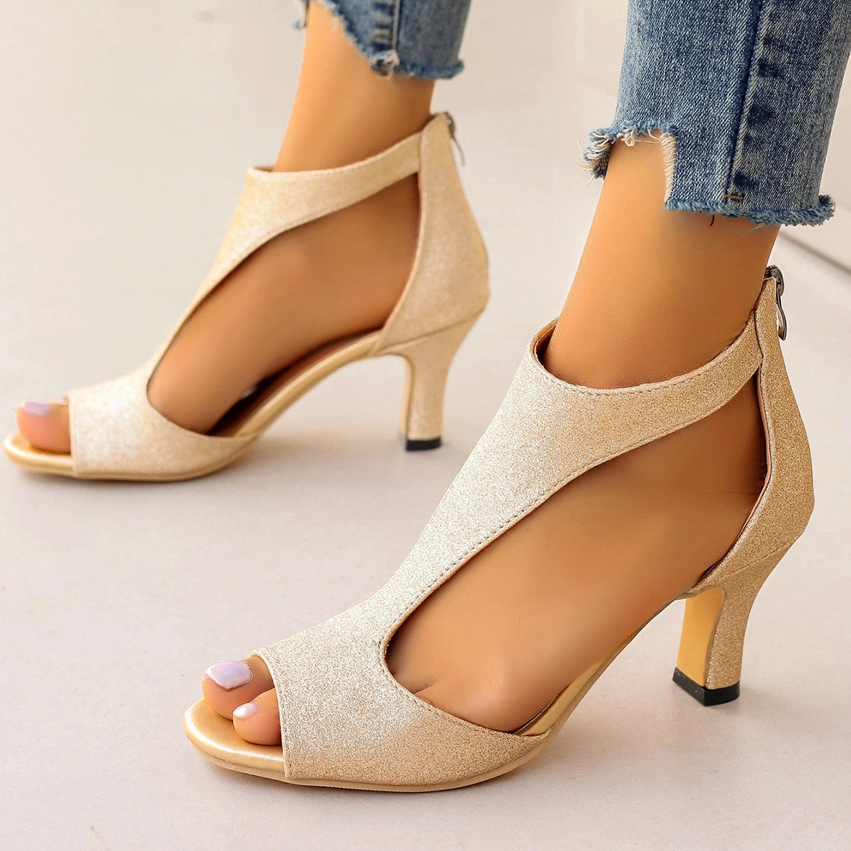 Women's High Heeled Fish Mouth Sandals with Zipper Closure - Summer Dressy Open Toe Footwear - Zalixer