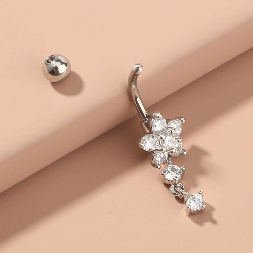 Flower Zircon Belly Button Ring With Diamond Inlaid Zircon Belly Button Nail