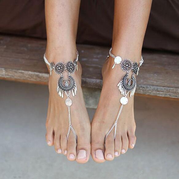 Bohemian Jewelry Antique Silver Color Hollow Flower Chain Anklets Beach Barefoot Sandals Foot Jewelry - Zalixer