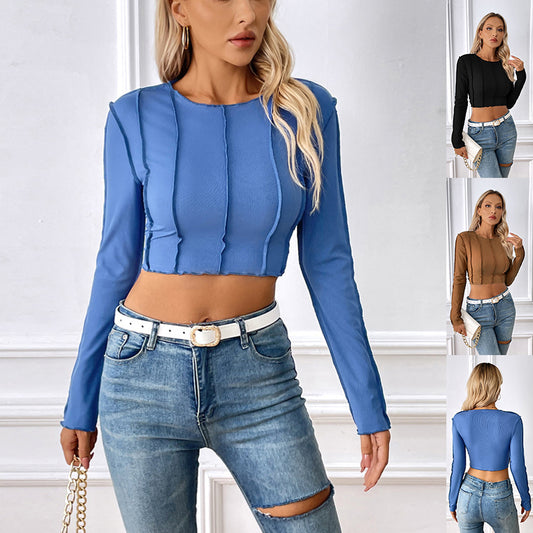 New Slim Long Sleeve T-shirt With Exposed Stitching Design Y2K Fashion Sexy Navel-exposed Short Top Womens Clothing - Zalixer