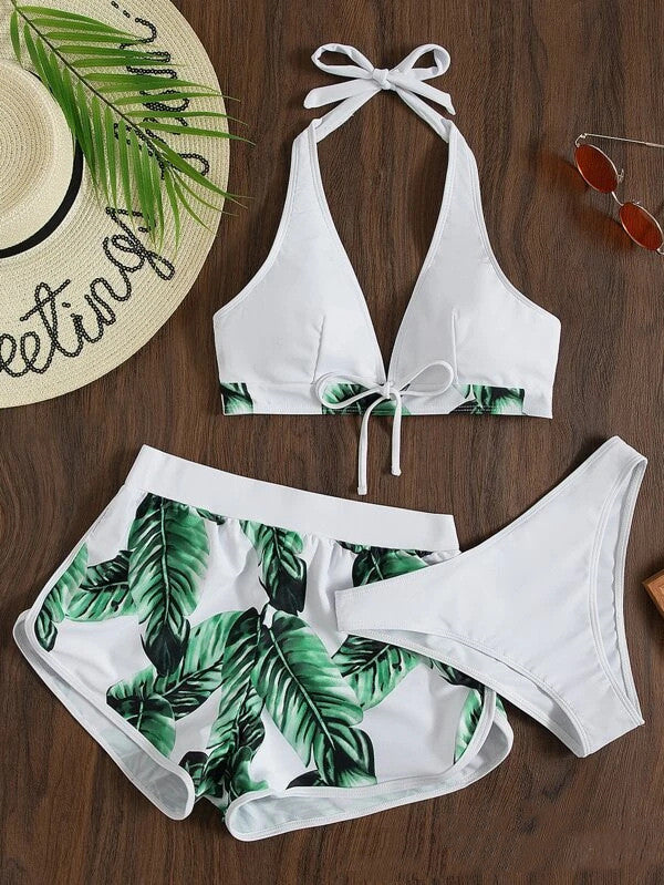 3pcs Leaf Print Bikini With Shorts Fashion Summer Beach Swimsuit Womens Clothing - Zalixer