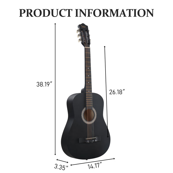 Matte Black 38-inch Round Acoustic Guitar With Picks, Strings, Capo, Case, Tuner, And Strap - Zalixer