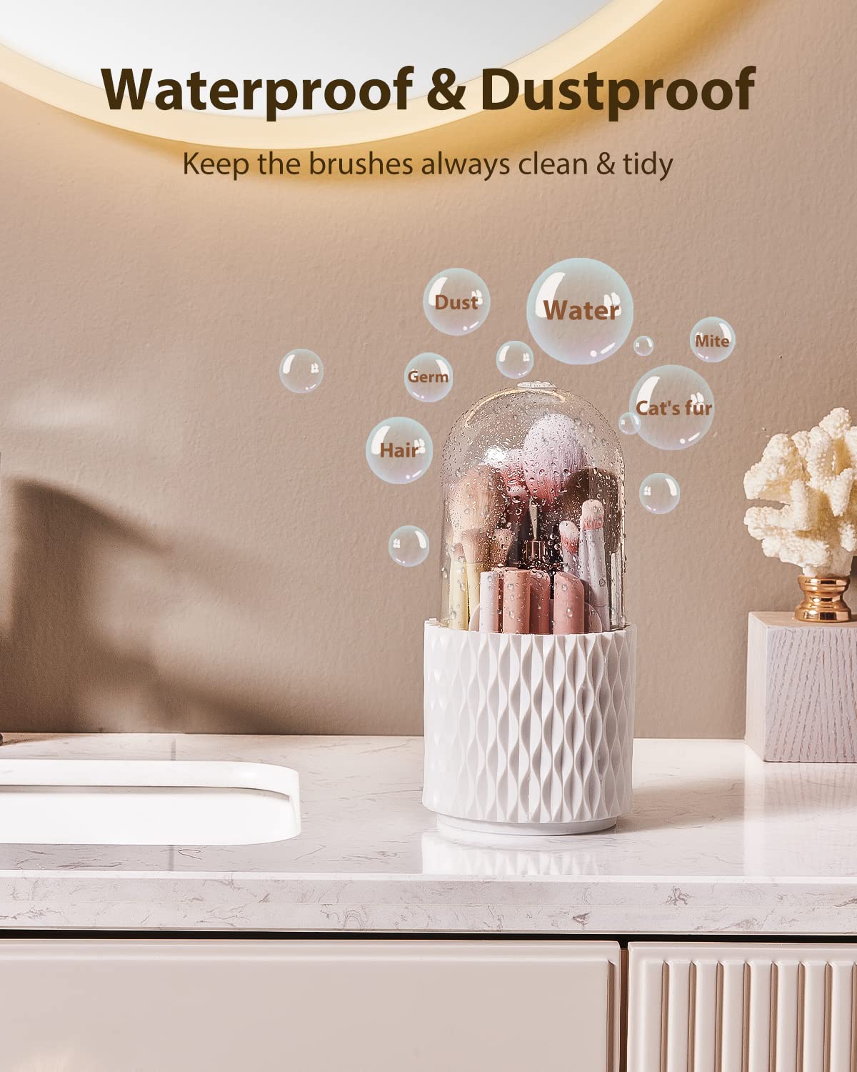 Makeup Brush Holder Dustproof & Waterproof 360 Rotating Cosmetics Make Up Brush Organizer Storage With Lid For Vanity - Zalixer