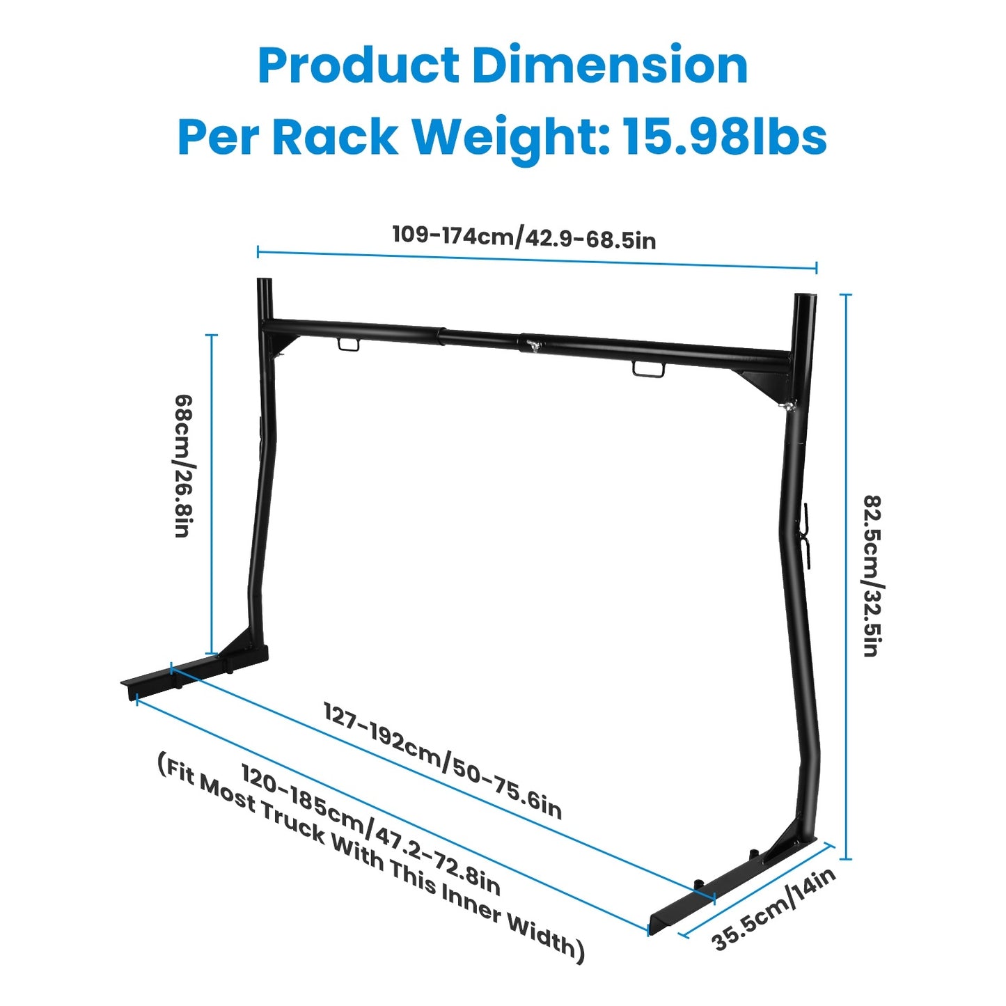 1Pair Extendable Truck Ladder Rack Non-Drilling Pick-up Truck Bed Utility Rack Adjustable Steel Truck Rack With 800LBS Capacity For 47.2-72.8in Wide Truck Bed For Kayak Surfboard