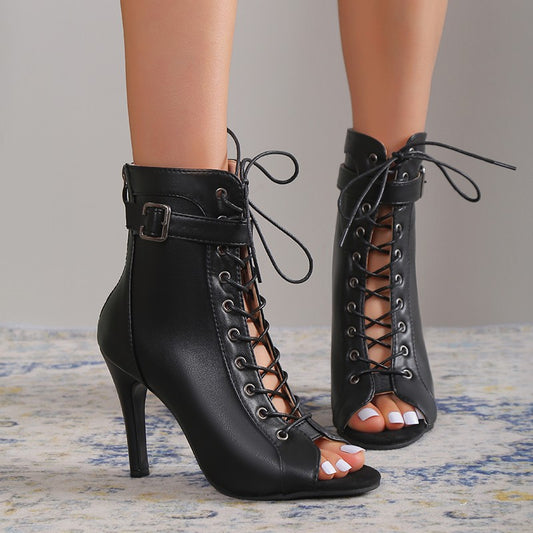 Women's Peep Toe High Heel Pumps Shoes Fashion Lace-up Buckle Sandals With Back Zipper Design - Zalixer