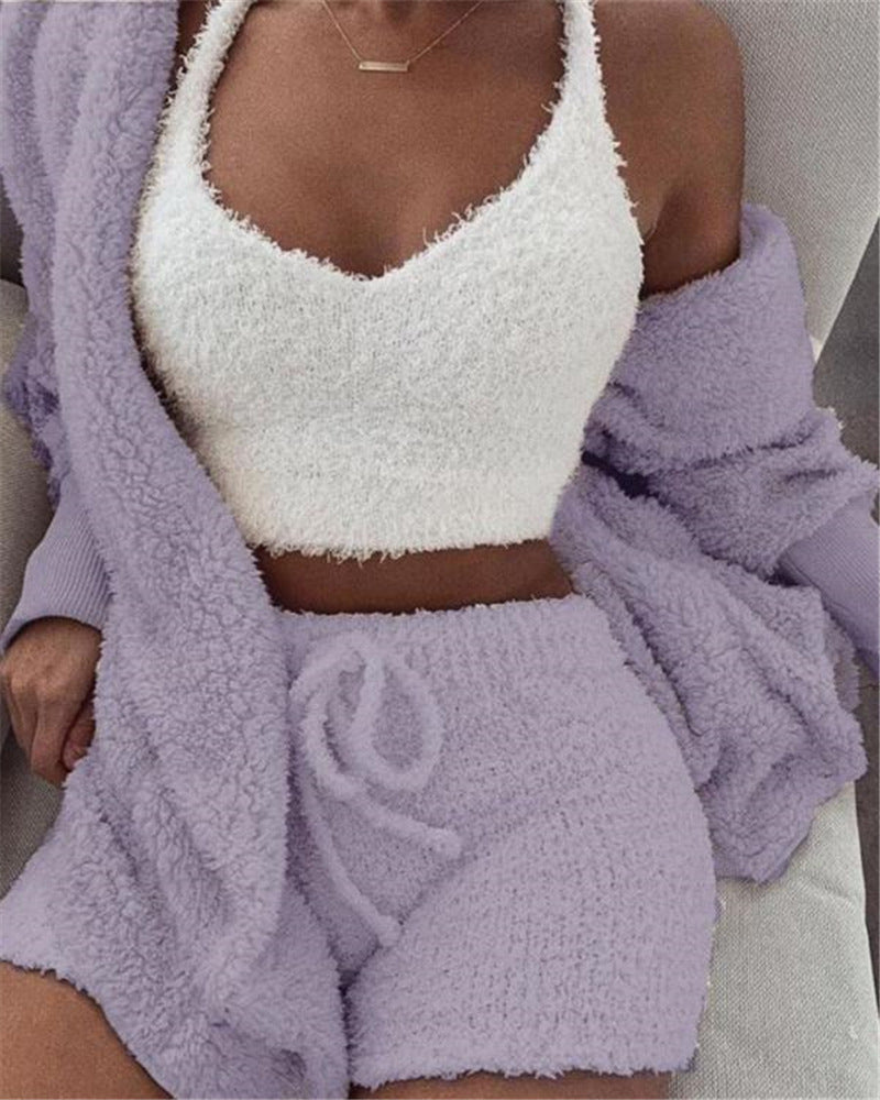 3pcs Womens Clothing Long Sleeve Crop Tank Top And Drawstring Shorts Pajama Set - Zalixer