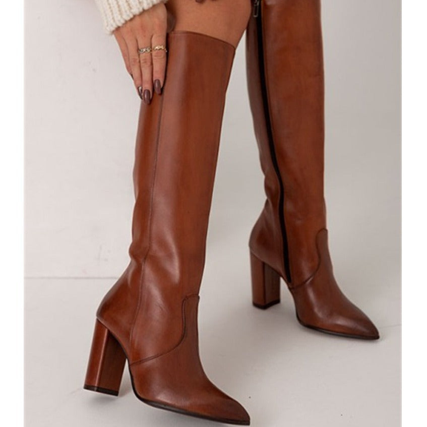 Womens Stylish High Heeled Pointed Toe Side Zip Thigh High Boots - Zalixer