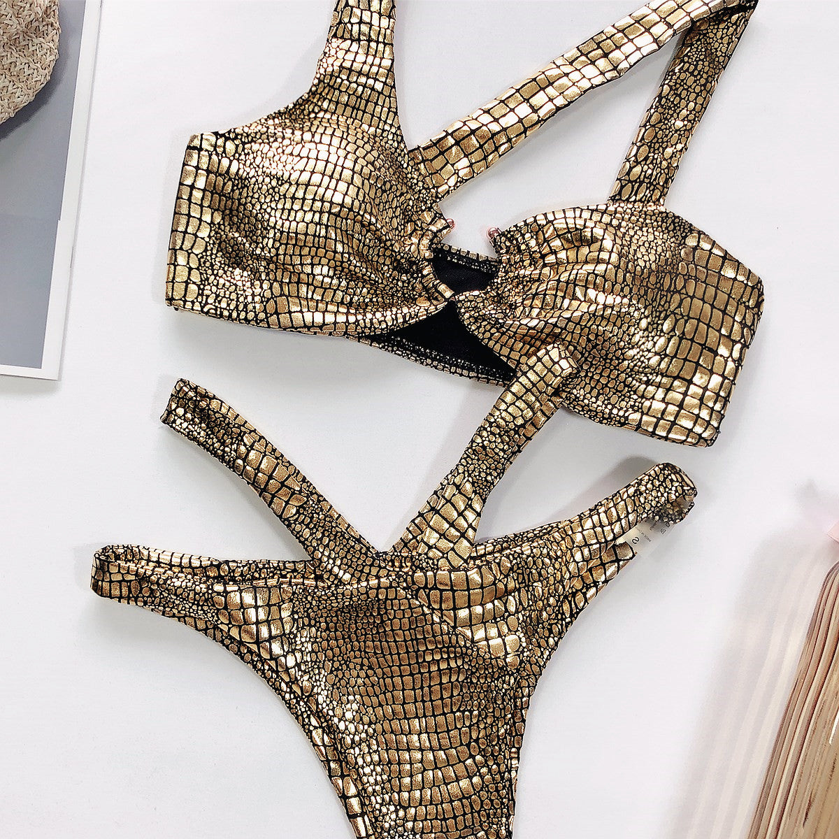 Sm-1952 Bikini Sexy Bikini Bronzing Fabric Snake Pattern Swimsuit Ladies One-Piece Swimwear New - Zalixer