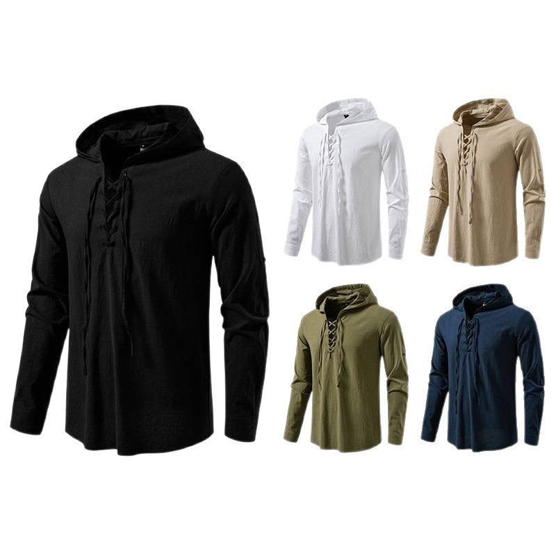 New Medieval Pirate Drawstring Men's Cotton Linen Long Sleeve