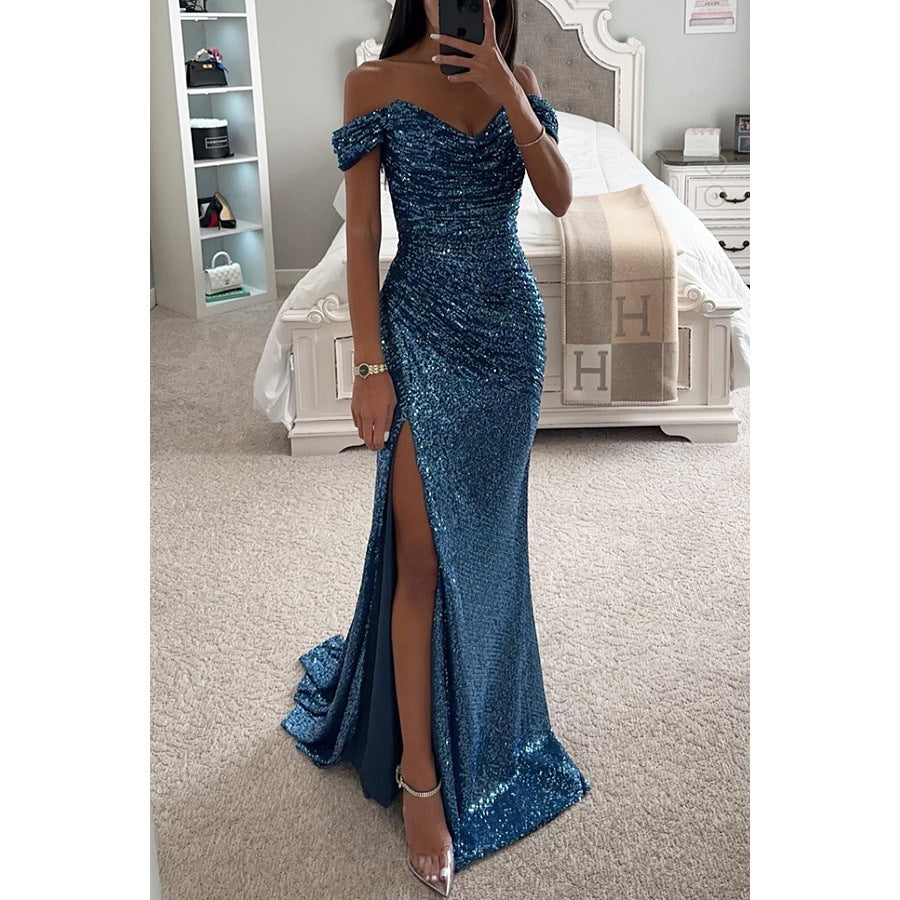 Party Sequins Off-neck Split Dress INS Casual Fashion Dress Women Charming Slimming Dress For Women - Zalixer