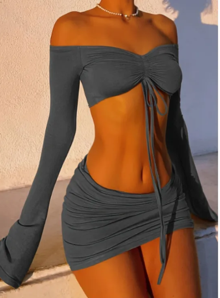 Drawstring Drop Ruched Off Shoulder Two-piece Skirt Set Y2K Long Sleeve Top & Bodycon Skirt Outfits Women's Clothing - Zalixer