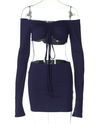 Drawstring Drop Ruched Off Shoulder Two-piece Skirt Set Y2K Long Sleeve Top & Bodycon Skirt Outfits Women's Clothing - Zalixer