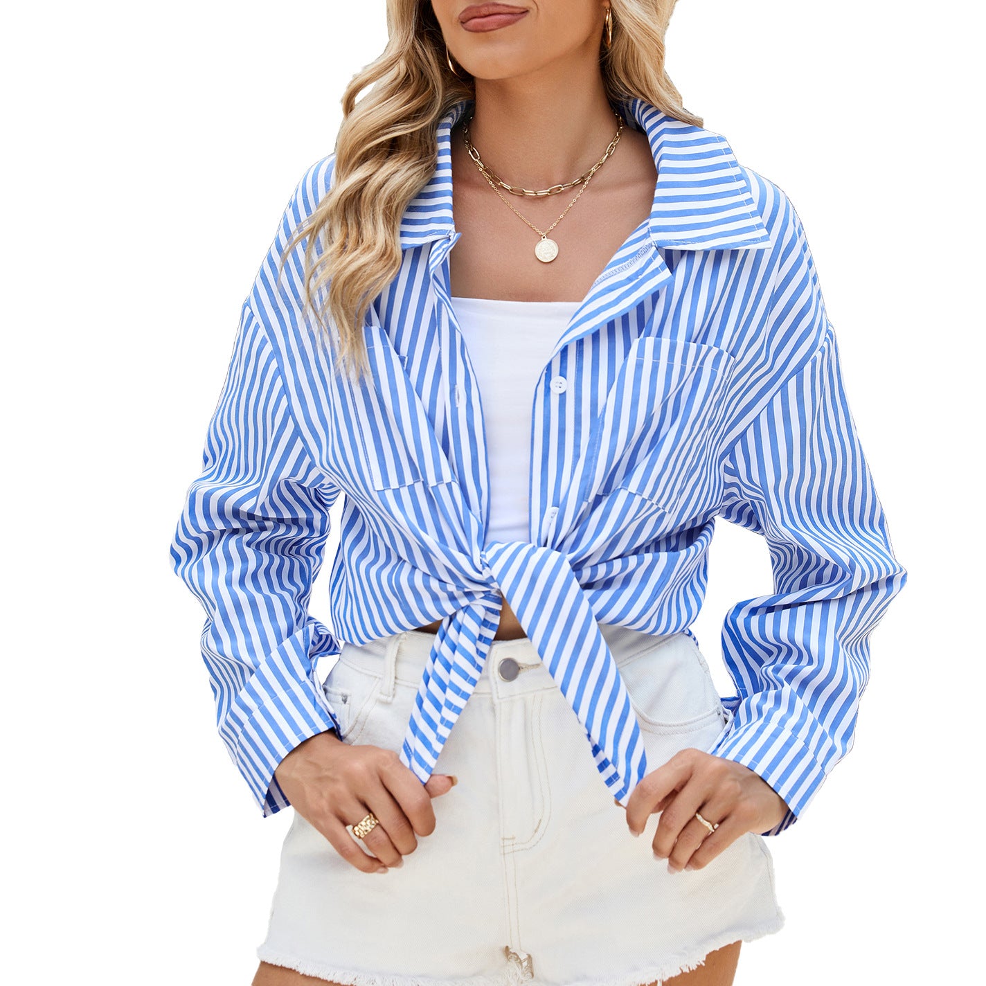 Fashion Striped Long Sleeve Shirt With Pockets Casual Loose Single-Breasted Button Top Women Clothing - Zalixer