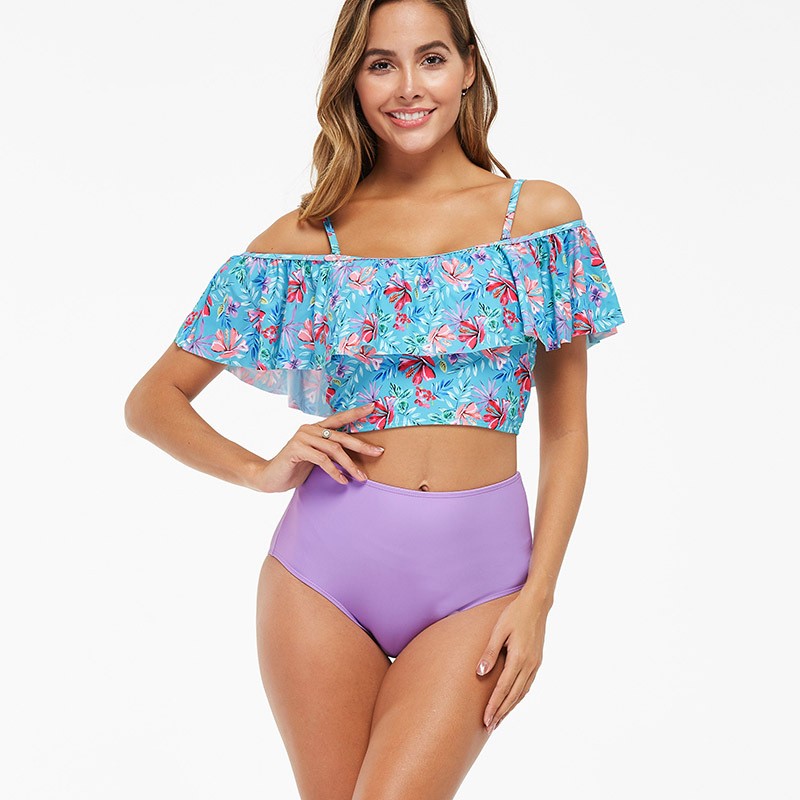 Women's High-waisted Belly Covering Printed Swimsuit Bikini - Zalixer
