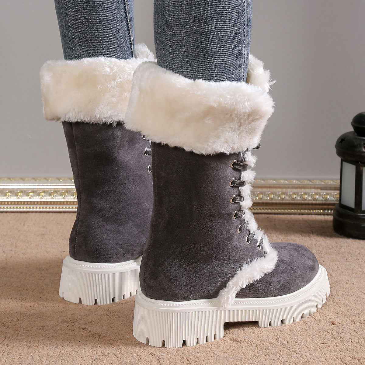 Winter Lace-up Snow Boots For Women Mid-tube Fleece Shoes Warm Chunky Heels Plush Boot - Zalixer