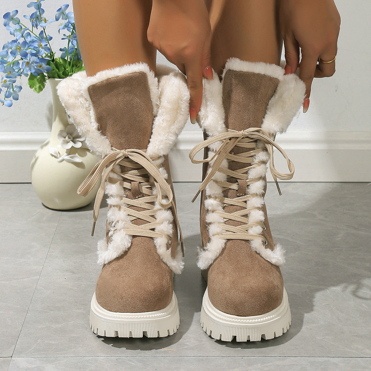 Winter Lace-up Snow Boots For Women Mid-tube Fleece Shoes Warm Chunky Heels Plush Boot - Zalixer