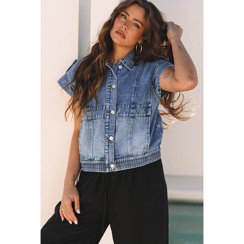 Denim Women's Single-breasted Lapel Short Sleeve Vest Coat - Zalixer
