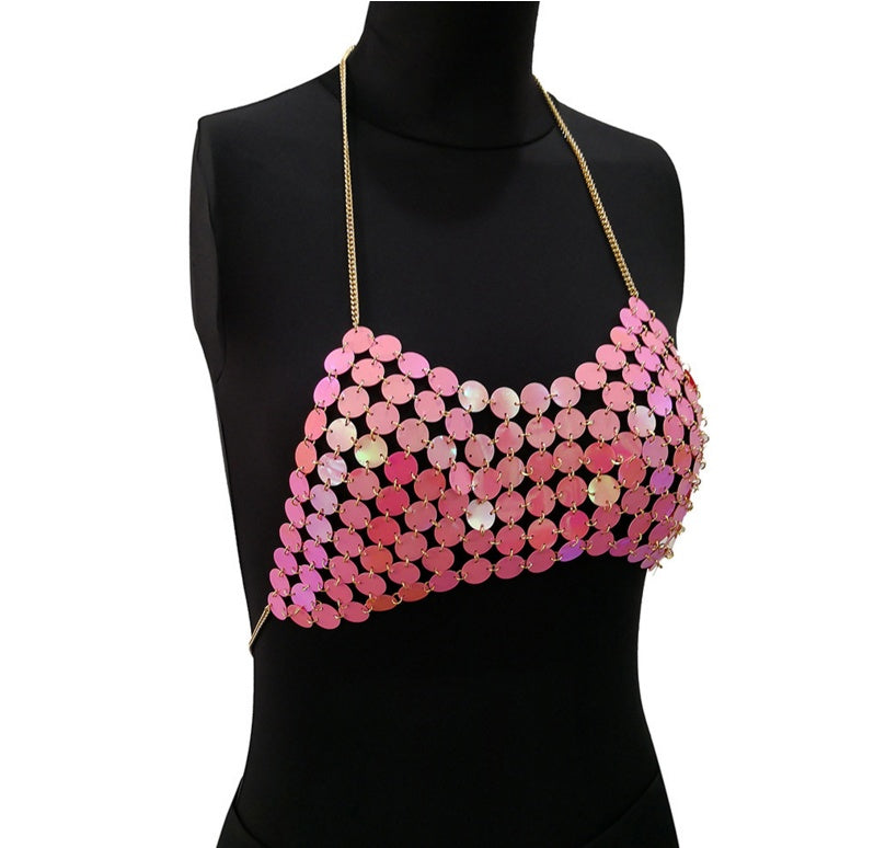 Sexy Metal Chain Tank Top Womens Silver Sparkly Sequins Hollow Plain Backless Club Vest Women Summer Beach Crop Tops - Zalixer