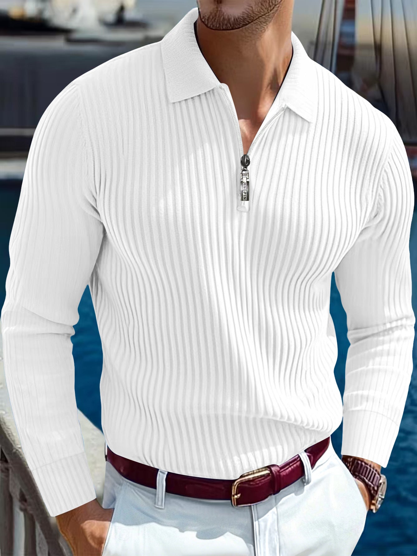 Men's Polo T-shirt With A Turn-down Collar Spring Summer Business Buttoned Long-sleeve Sports Retro Style Striped Polo Shirt For Daily Wear - Zalixer