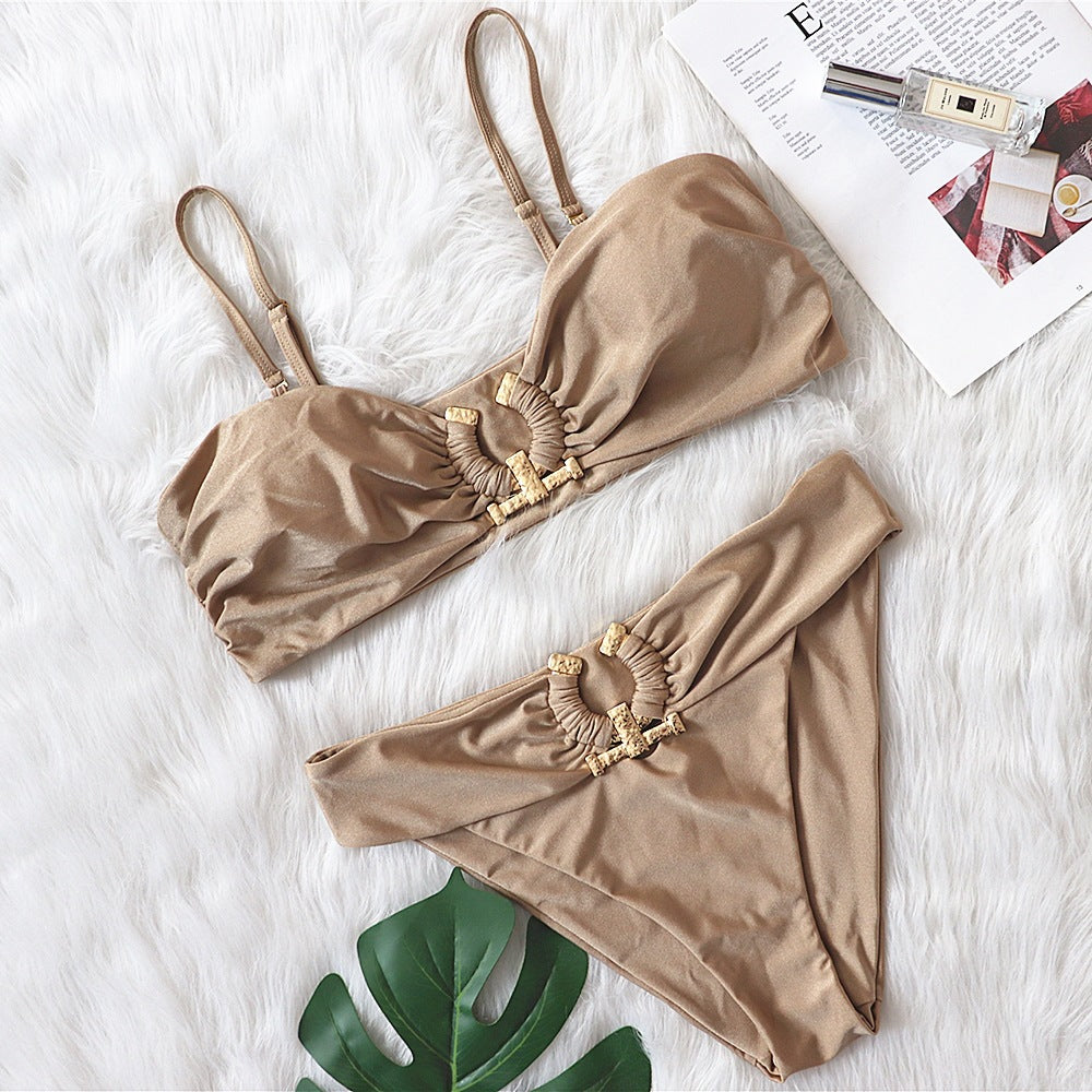 Solid Color Tube Top High Waist Swimsuit With Metal Accessories - Zalixer