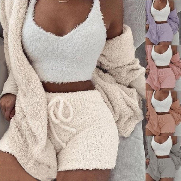 3pcs Womens Clothing Long Sleeve Crop Tank Top And Drawstring Shorts Pajama Set - Zalixer