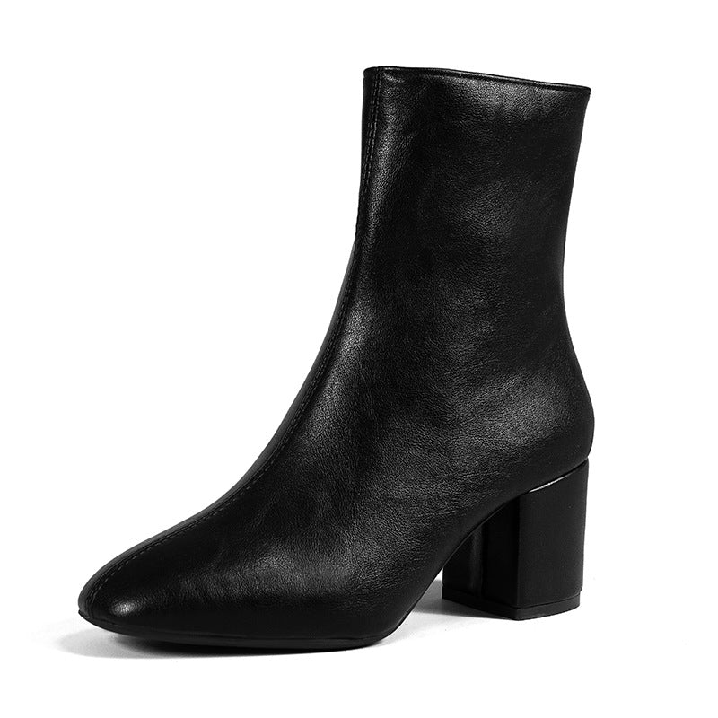 Chunky Heel Pointed Toe Boots With Side Zipper Fashion Mid-calf Boot For Women Shoes - Zalixer