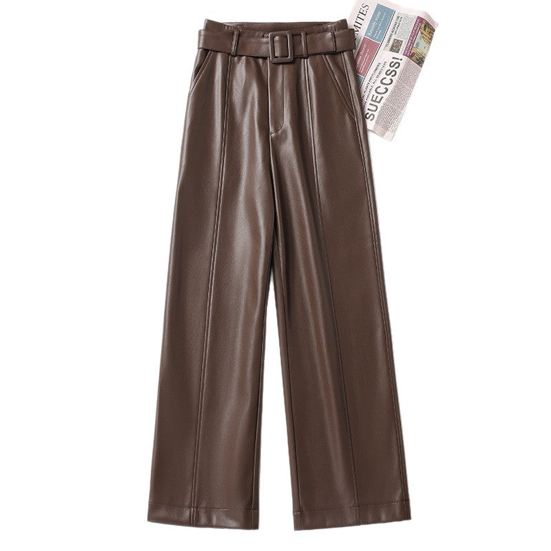 Womens Straight-Leg Leather Pants High-Waisted Fashionable Wide-Leg Pants - Zalixer