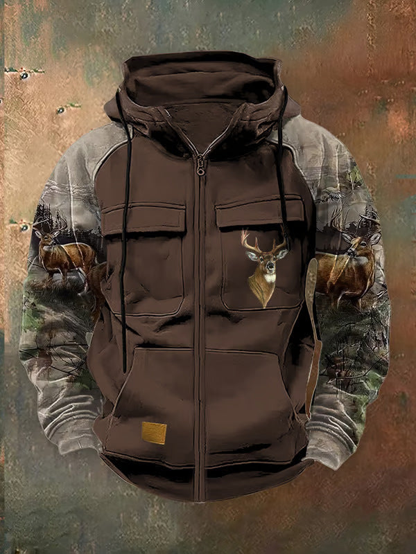 Mens Multi-Pocket Cargo Hoodie With Zippers And Color-Block Design