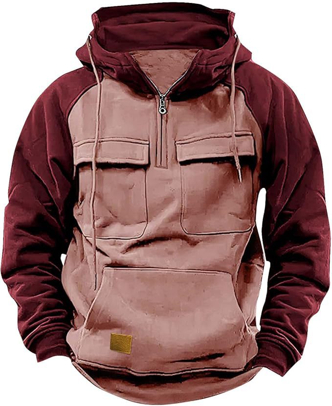 Fall Winter Retro Cargo Men's Half Zipper Multi Pockets Solid Warm Fleece Hoodie Sweatshirts - Zalixer