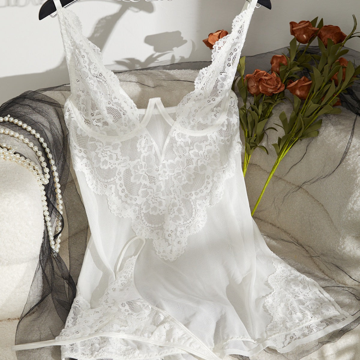 Cutout Sling Tulle See-through Lace Pajamas For Women - Zalixer