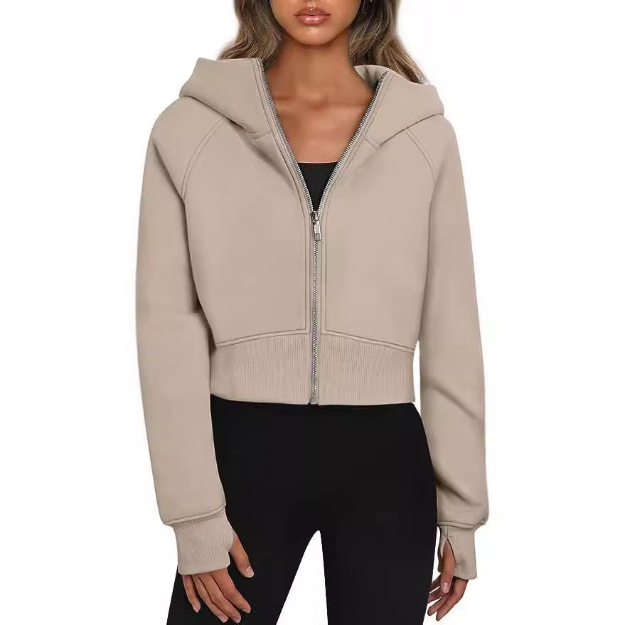 Casual Zippered Hooded Sweatshirt Fleece Sport Cardigan Fashion Hoodies Short Tops Womens Clothing - Zalixer