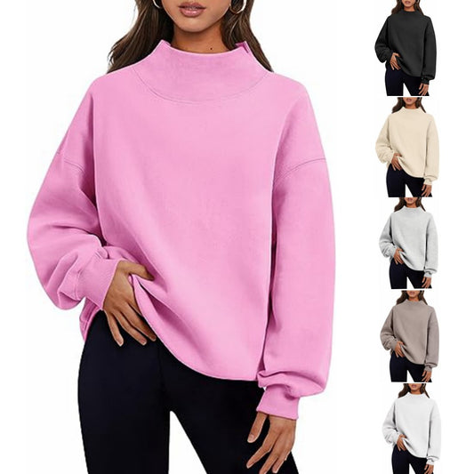 Pullover Sweatshirt Solid Color Loose Tops Round Neck Hoodie Women Thick Clothing - Zalixer