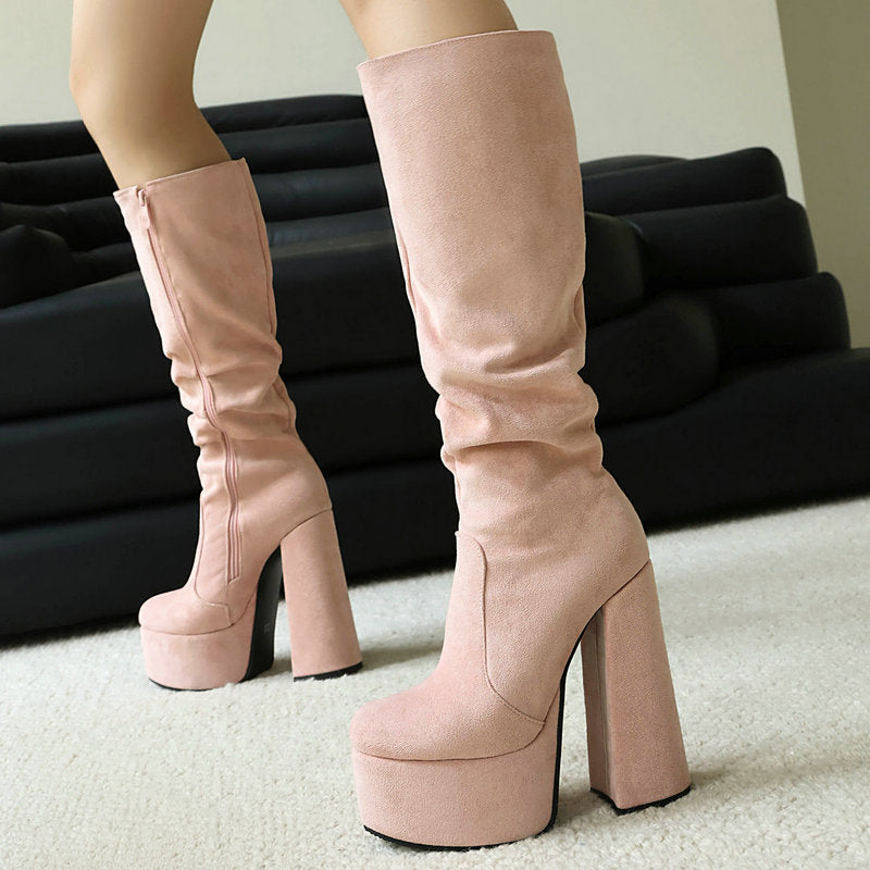 Womens Stretch Suede Waterproof Thick-soled High Heels - Zalixer