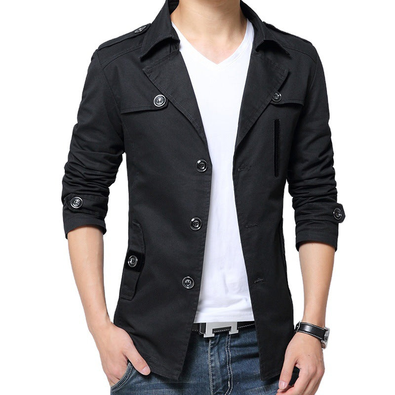 Cotton Washed Men's Trench Coat Mid-length Lapel Jacket