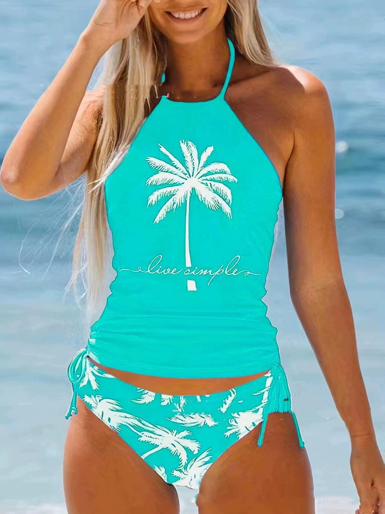 Coconut Tree Printed Conservative Women's Split Multi-color Swimsuit - Zalixer